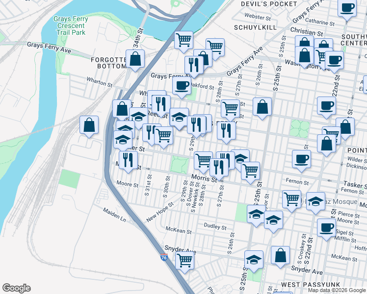 map of restaurants, bars, coffee shops, grocery stores, and more near 1519 South Myrtlewood Street in Philadelphia