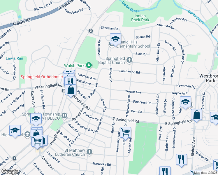 map of restaurants, bars, coffee shops, grocery stores, and more near 100 Hillview Drive in Springfield