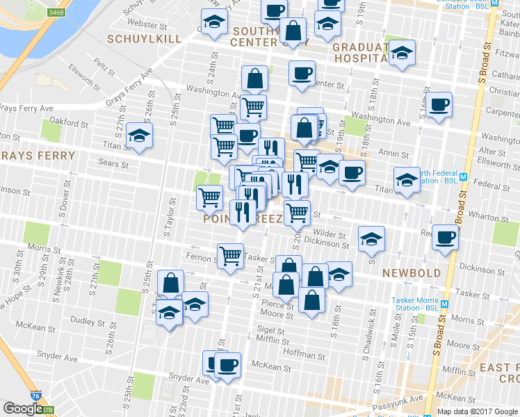map of restaurants, bars, coffee shops, grocery stores, and more near 2113 Reed Street in Philadelphia