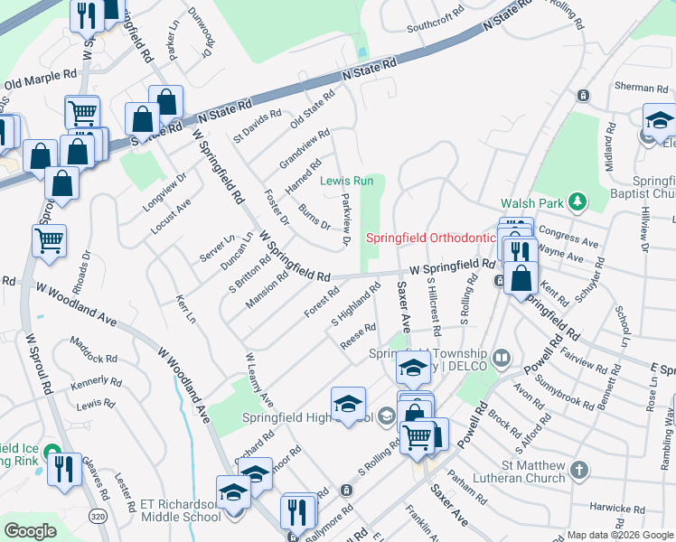 map of restaurants, bars, coffee shops, grocery stores, and more near 363 West Springfield Road in Springfield