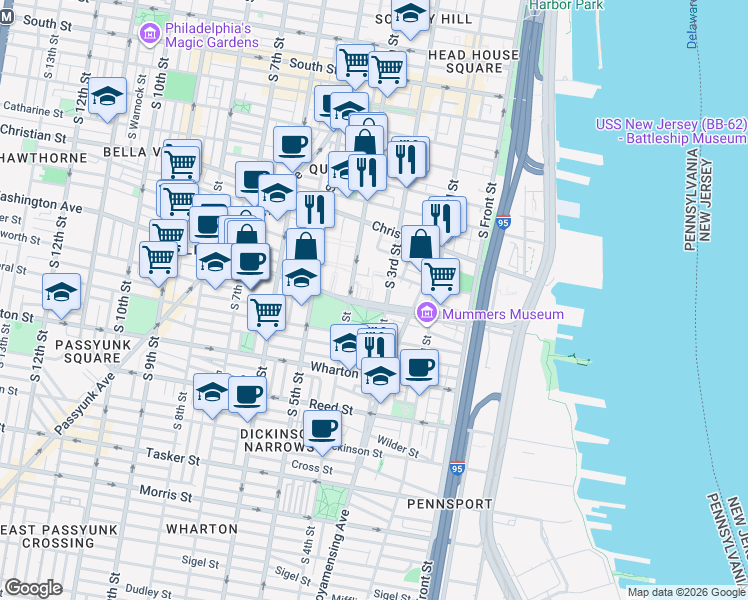 map of restaurants, bars, coffee shops, grocery stores, and more near 313 Washington Avenue in Philadelphia