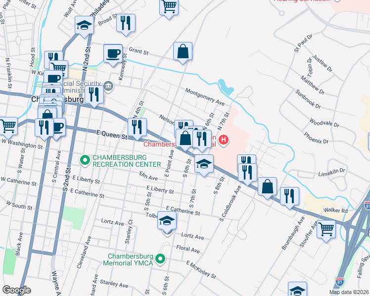 map of restaurants, bars, coffee shops, grocery stores, and more near 565 Lincoln Way East in Chambersburg
