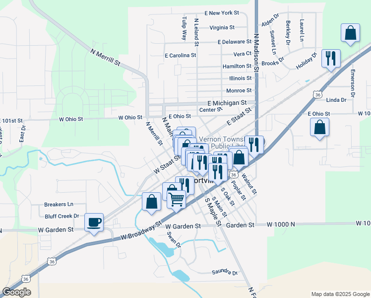 map of restaurants, bars, coffee shops, grocery stores, and more near 101 North Main Street in Fortville