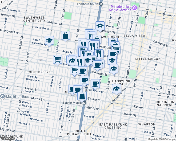 map of restaurants, bars, coffee shops, grocery stores, and more near 1246 South Broad Street in Philadelphia