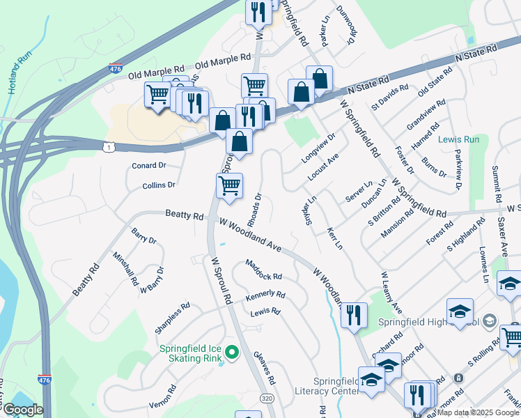 map of restaurants, bars, coffee shops, grocery stores, and more near 735 Rhoads Drive in Springfield