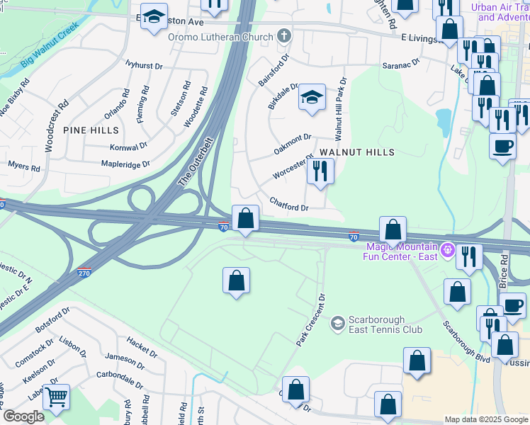 map of restaurants, bars, coffee shops, grocery stores, and more near 5551 Chatford Drive in Columbus