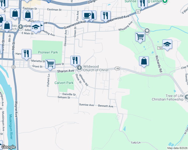 map of restaurants, bars, coffee shops, grocery stores, and more near 1428 Sharon Avenue in Zanesville