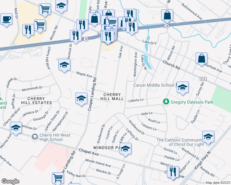 map of restaurants, bars, coffee shops, grocery stores, and more near 348 Oak Avenue in Cherry Hill