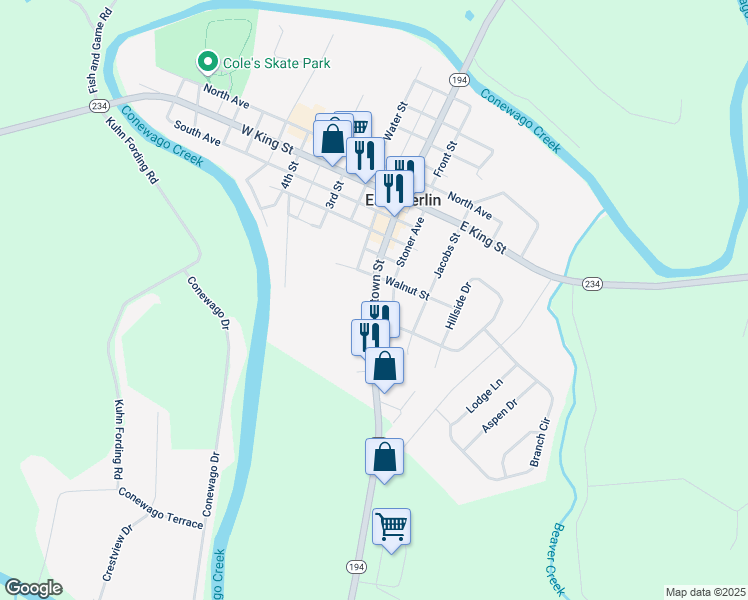 map of restaurants, bars, coffee shops, grocery stores, and more near Abbottstown Street in East Berlin