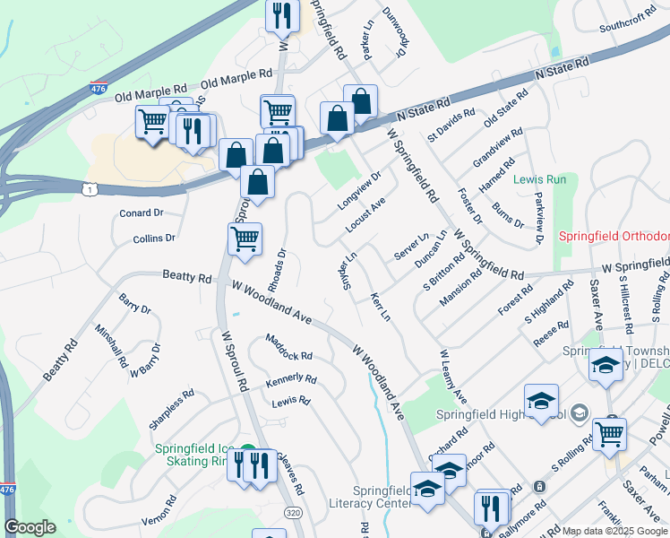 map of restaurants, bars, coffee shops, grocery stores, and more near 112 Snyder Lane in Springfield