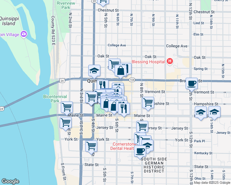 map of restaurants, bars, coffee shops, grocery stores, and more near 237 North 6th Street in Quincy