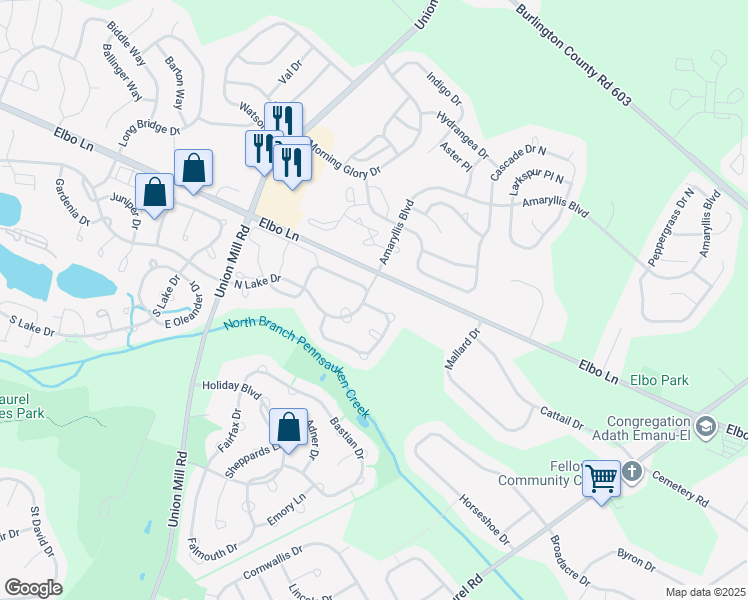 map of restaurants, bars, coffee shops, grocery stores, and more near 5 Eddystone Way in Mount Laurel Township