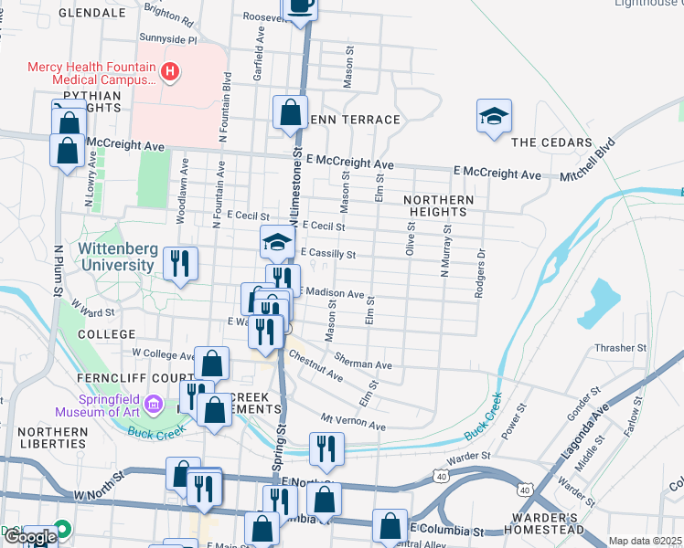 map of restaurants, bars, coffee shops, grocery stores, and more near 822 Mason Street in Springfield