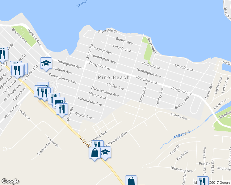map of restaurants, bars, coffee shops, grocery stores, and more near 520 Pennsylvania Avenue in Pine Beach