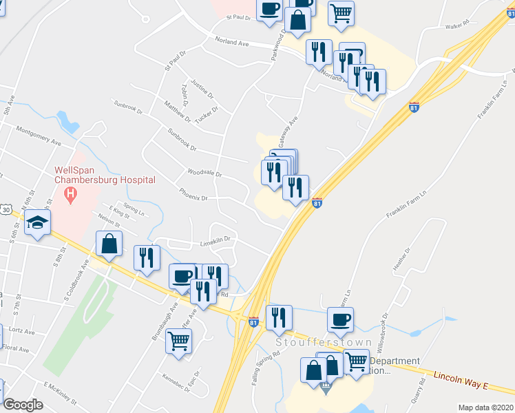 map of restaurants, bars, coffee shops, grocery stores, and more near 405 Phoenix Drive in Chambersburg