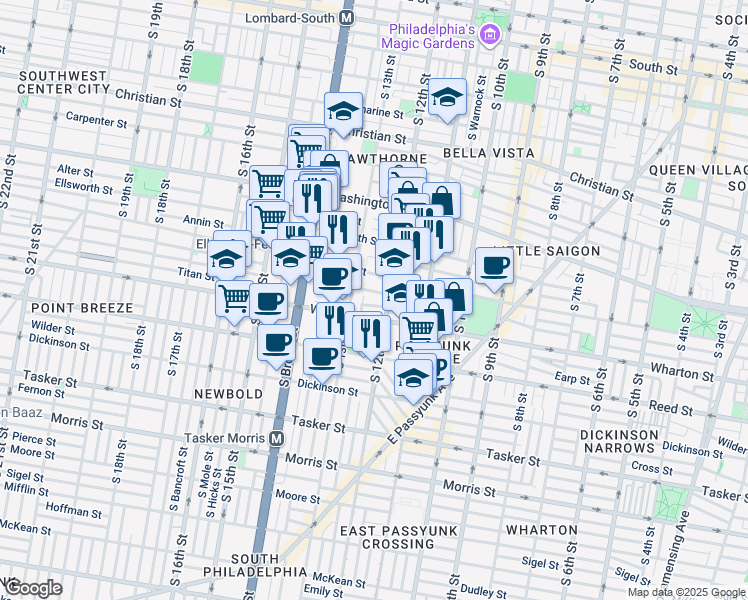map of restaurants, bars, coffee shops, grocery stores, and more near 1219 Titan Street in Philadelphia