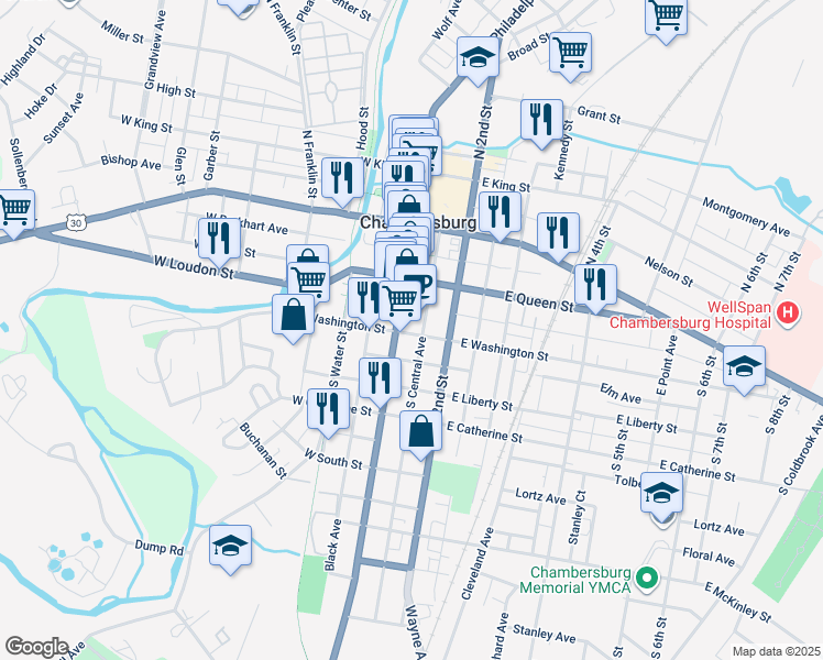 map of restaurants, bars, coffee shops, grocery stores, and more near 121 East Washington Street in Chambersburg