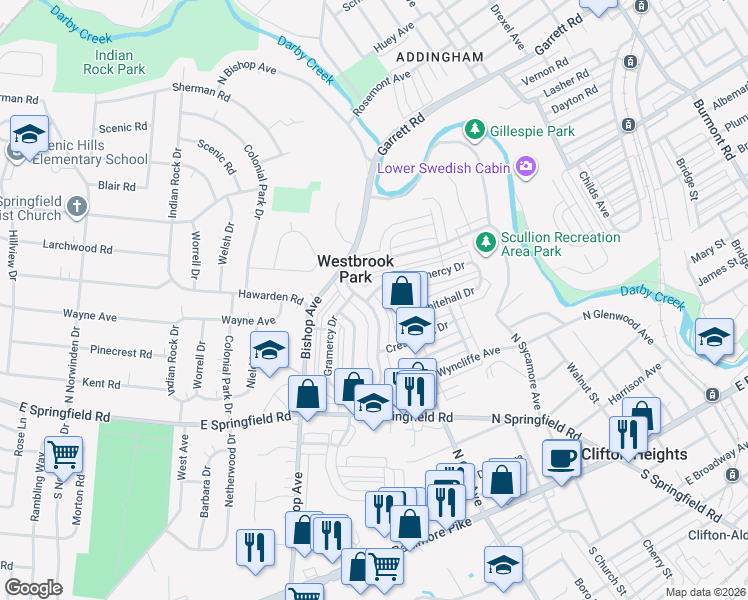 map of restaurants, bars, coffee shops, grocery stores, and more near 329 Westpark Lane in Clifton Heights