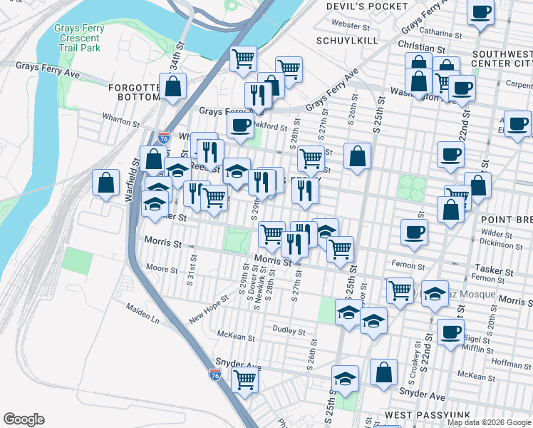 map of restaurants, bars, coffee shops, grocery stores, and more near 1509 South Dover Street in Philadelphia