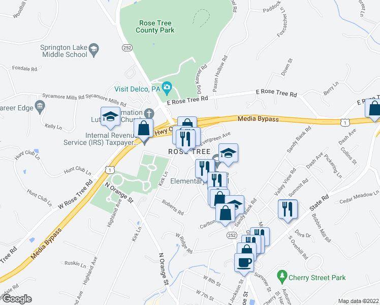 map of restaurants, bars, coffee shops, grocery stores, and more near 1274 North Providence Road in Media