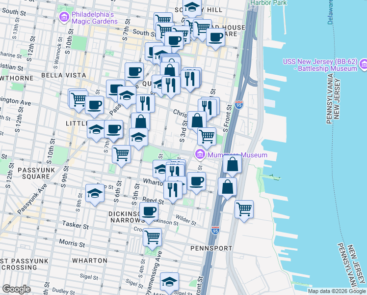 map of restaurants, bars, coffee shops, grocery stores, and more near 1009 South 3rd Street in Philadelphia