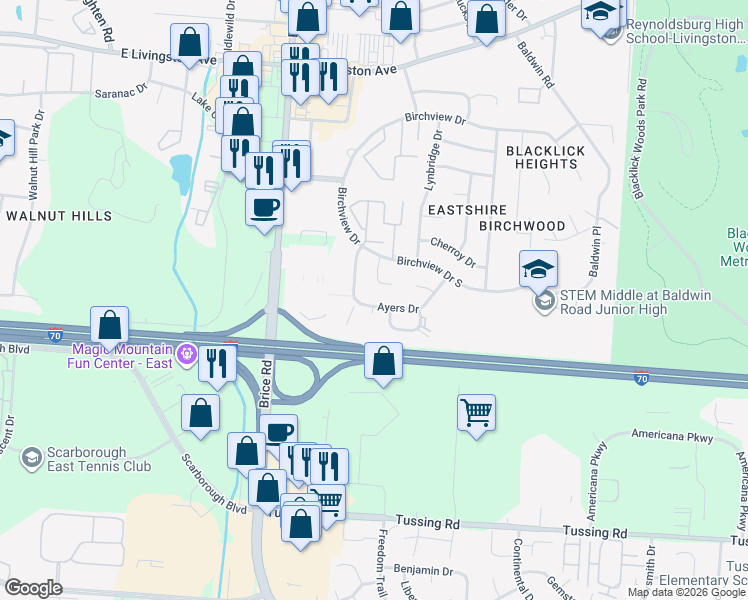 map of restaurants, bars, coffee shops, grocery stores, and more near 2240 Pine Tree Lane in Reynoldsburg