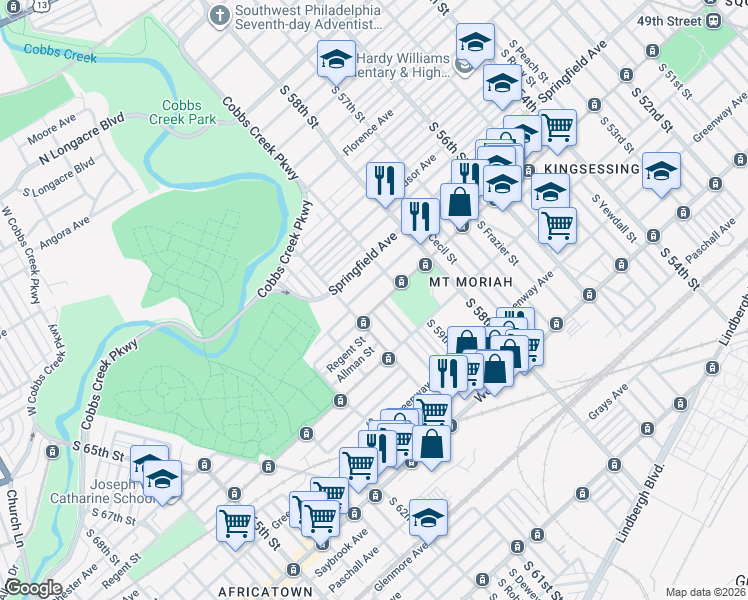 map of restaurants, bars, coffee shops, grocery stores, and more near 5935 Chester Avenue in Philadelphia
