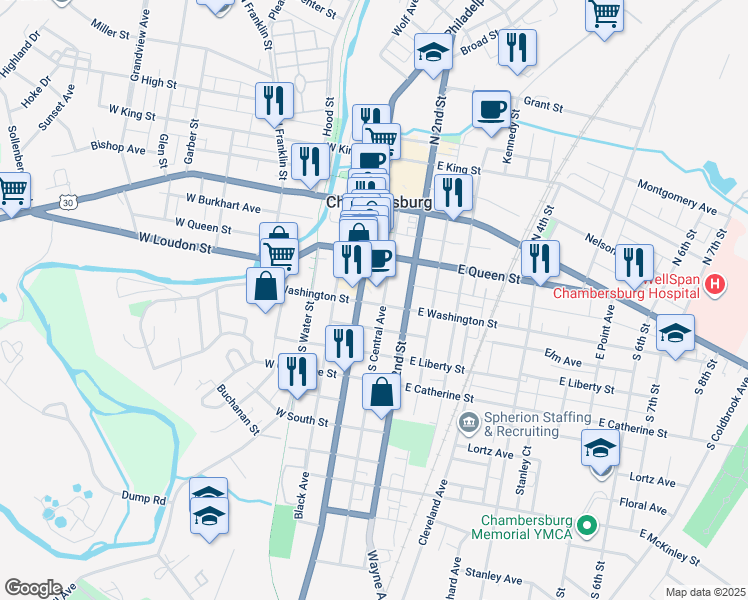 map of restaurants, bars, coffee shops, grocery stores, and more near 121 East Washington Street in Chambersburg
