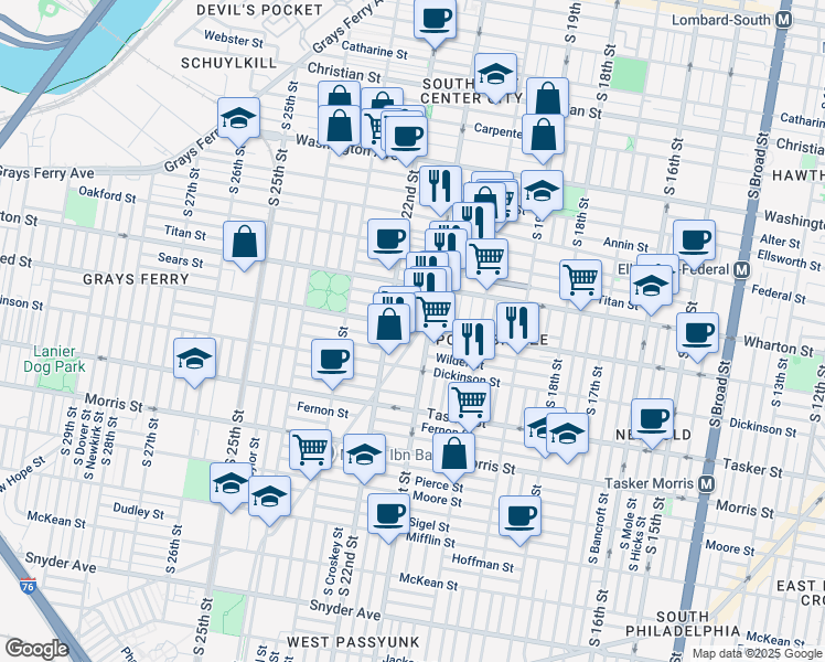 map of restaurants, bars, coffee shops, grocery stores, and more near 1404 Point Breeze Ave in Philadelphia