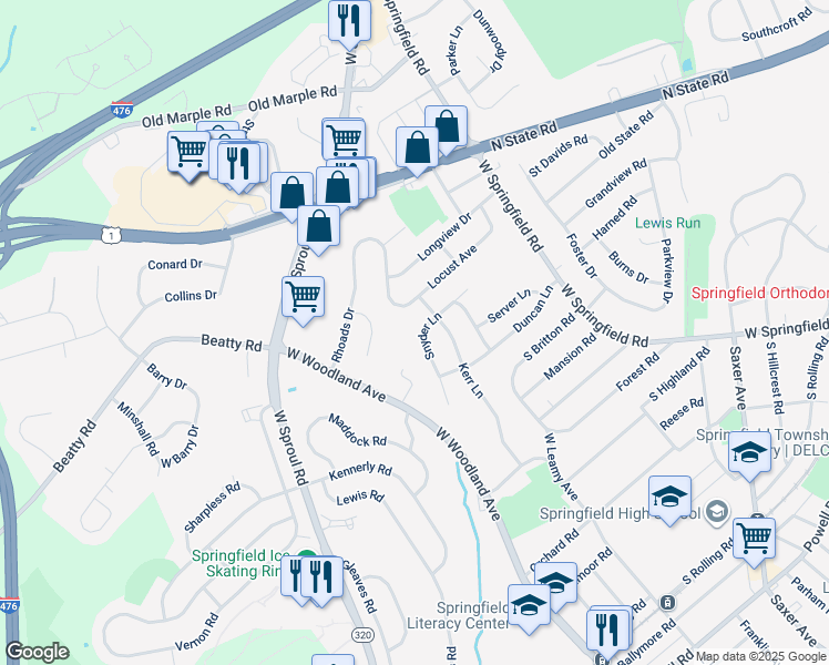 map of restaurants, bars, coffee shops, grocery stores, and more near 112 Snyder Lane in Springfield