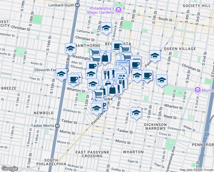 map of restaurants, bars, coffee shops, grocery stores, and more near 1200 South 10th Street in Philadelphia