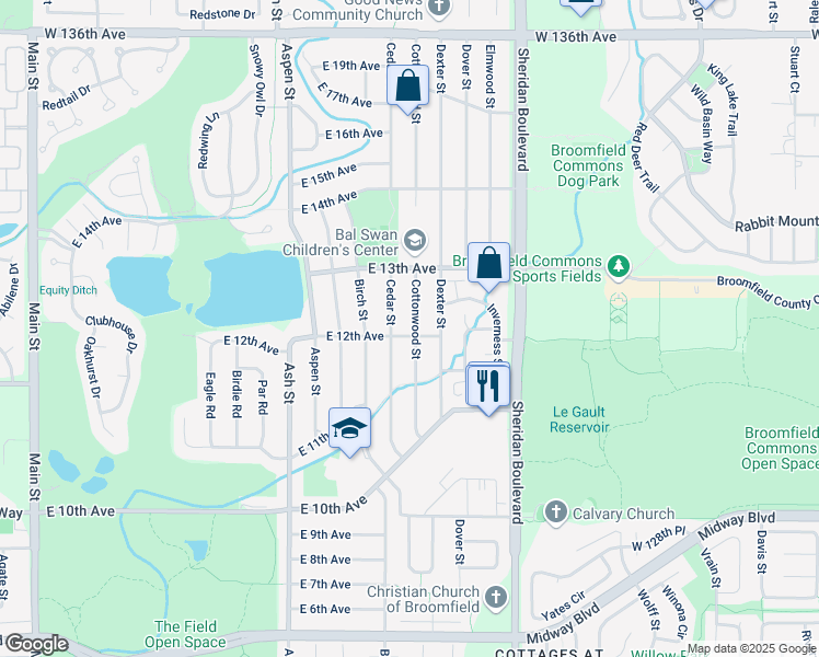 map of restaurants, bars, coffee shops, grocery stores, and more near 1203 Cottonwood Street in Broomfield
