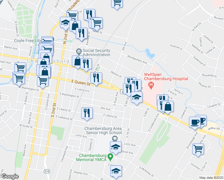 map of restaurants, bars, coffee shops, grocery stores, and more near 510 East Queen Street in Chambersburg