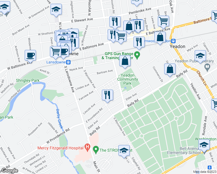 map of restaurants, bars, coffee shops, grocery stores, and more near 408 South Maple Avenue in Yeadon