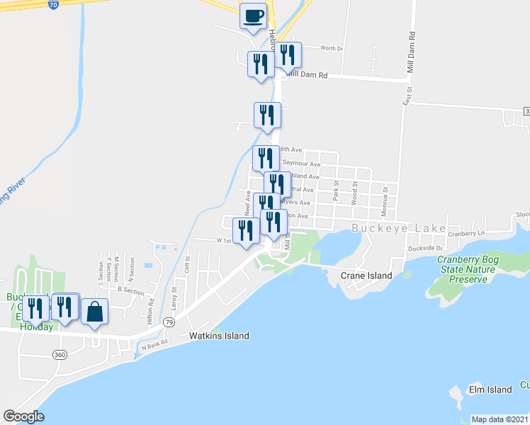 map of restaurants, bars, coffee shops, grocery stores, and more near 11116 Hebron Road in Buckeye Lake