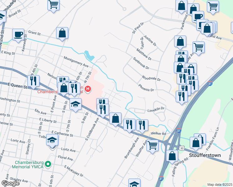 map of restaurants, bars, coffee shops, grocery stores, and more near 955 Spring Lane in Chambersburg