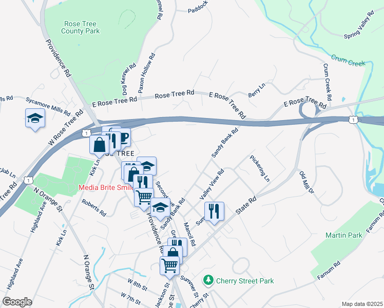 map of restaurants, bars, coffee shops, grocery stores, and more near 410 Sandy Bank Road in Media