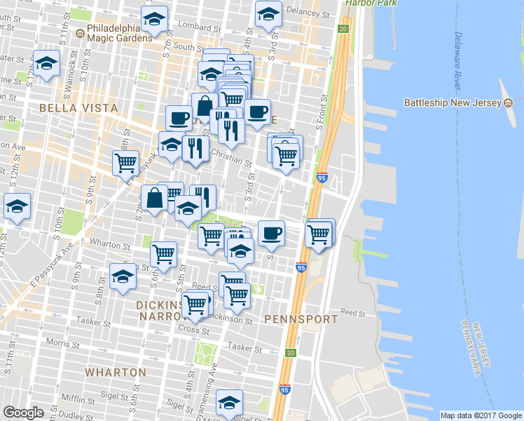 map of restaurants, bars, coffee shops, grocery stores, and more near 1018 East Moyamensing Avenue in Philadelphia