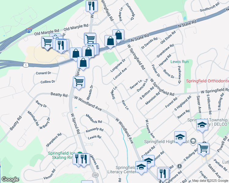 map of restaurants, bars, coffee shops, grocery stores, and more near 107 Snyder Lane in Springfield