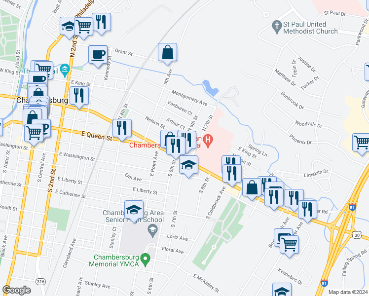 map of restaurants, bars, coffee shops, grocery stores, and more near 36 North 6th Street in Chambersburg