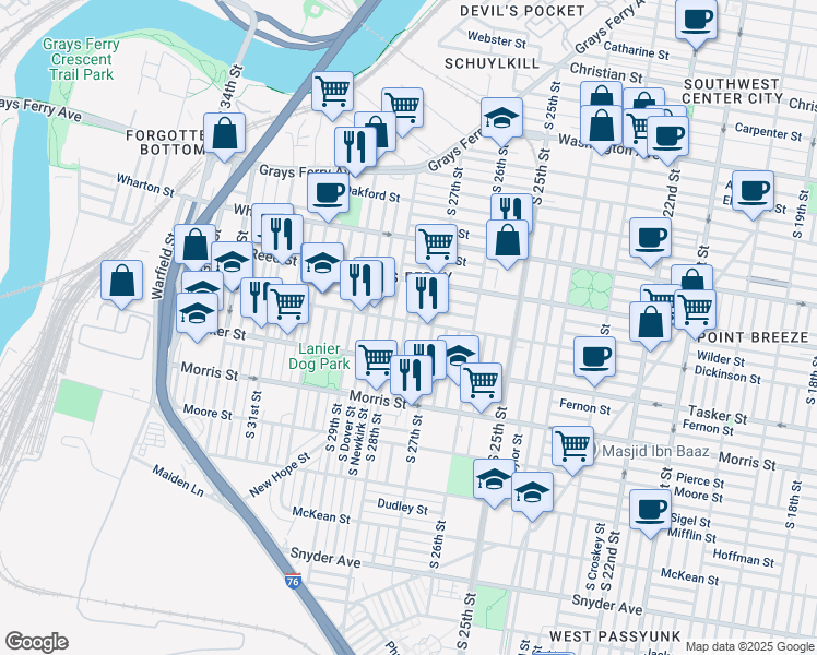 map of restaurants, bars, coffee shops, grocery stores, and more near 1505 South Marston Street in Philadelphia