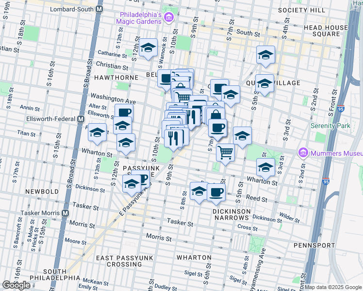 map of restaurants, bars, coffee shops, grocery stores, and more near 1164 East Passyunk Avenue in Philadelphia