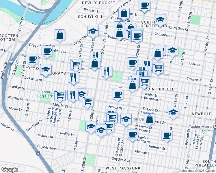 map of restaurants, bars, coffee shops, grocery stores, and more near 1428 South 24th Street in Philadelphia