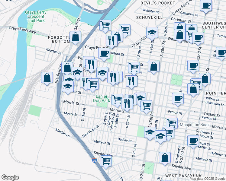 map of restaurants, bars, coffee shops, grocery stores, and more near 1516 South Dover Street in Philadelphia