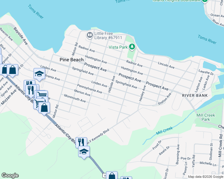 map of restaurants, bars, coffee shops, grocery stores, and more near 700 Hillside Avenue in Pine Beach