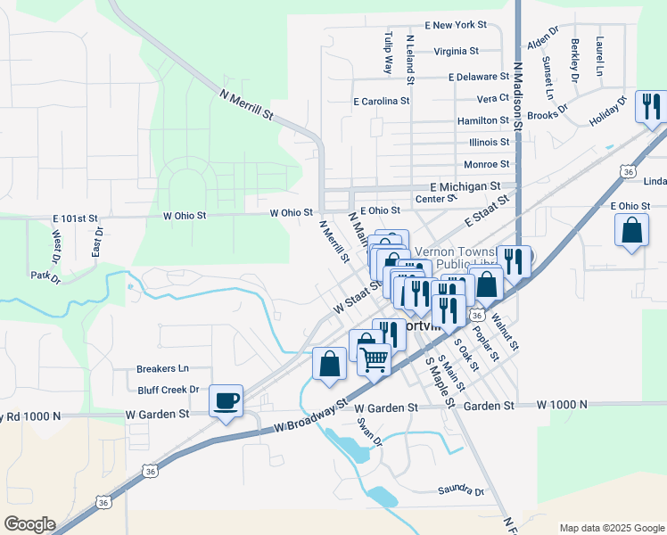 map of restaurants, bars, coffee shops, grocery stores, and more near 207 North McCarty Street in Fortville