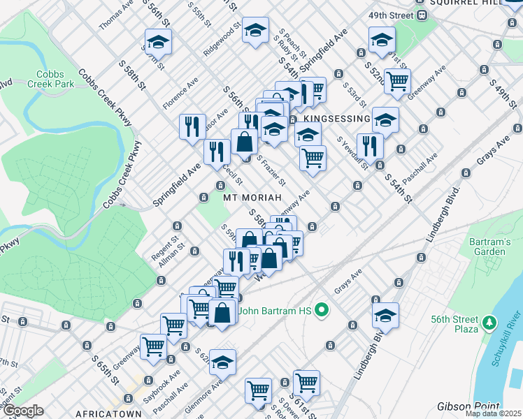 map of restaurants, bars, coffee shops, grocery stores, and more near 2018 South Cecil Street in Philadelphia