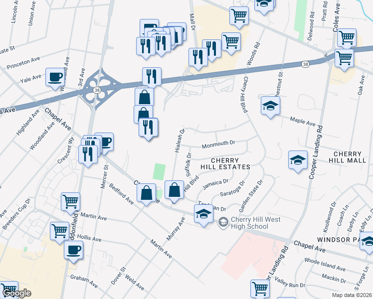 map of restaurants, bars, coffee shops, grocery stores, and more near 448 Suffolk Drive in Cherry Hill