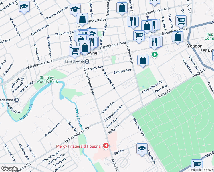 map of restaurants, bars, coffee shops, grocery stores, and more near 50 Linden Avenue in Lansdowne