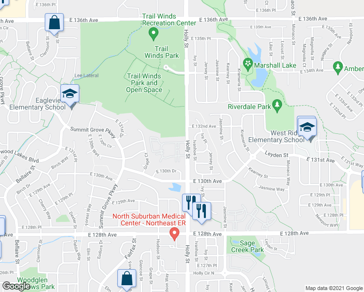 map of restaurants, bars, coffee shops, grocery stores, and more near 13295 Holly Street in Thornton